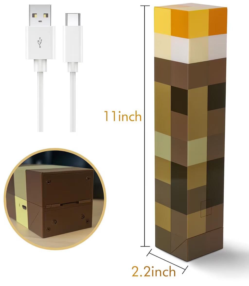 Pixelated Torch LED Night Light: USB Rechargeable Gaming Decor